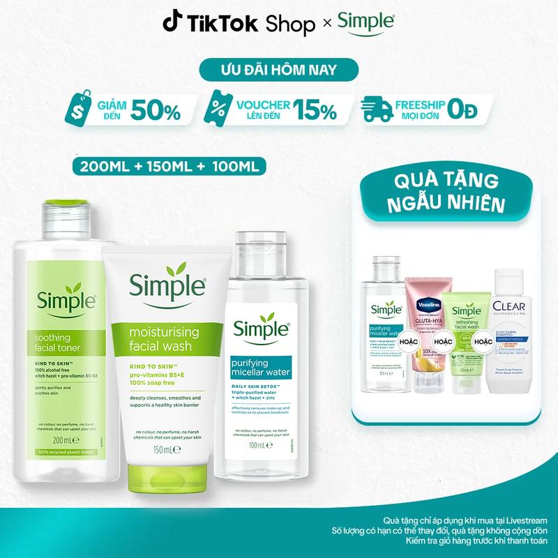 Combo 3 Skincare Simple Sữa Rửa Mặt Simple Ẩm Mịn & Đàn Hồi 150ml + Nước Tẩy Trang Sạch Sâu Ẩm Mịn 100ml + Nước Hoa Hồng Làm Dịu & Cân Bằng Da 200ml