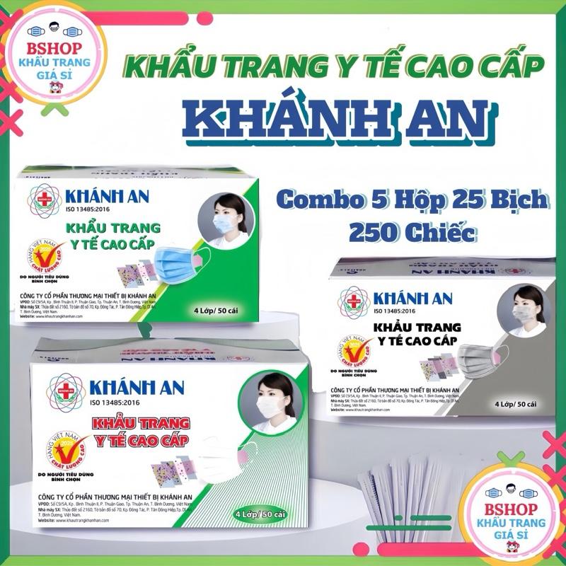 Combo 5 Hộp 250 Chiếc Khẩu Trang Khánh An 4 Lớp Dày Đẹp Màu Xanh Trắng Xám