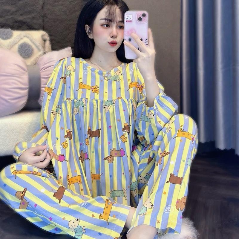 Khánh An Shop Babydoll KA147 - Fom Quần Dưới 1m6. M L dưới m53 xl xxl xxxl duoi 1m6 Đồ Bộ Tole Lanh Nữ Mặc Nhà Áo Cổ Tròn Tay Dài Quần Dài