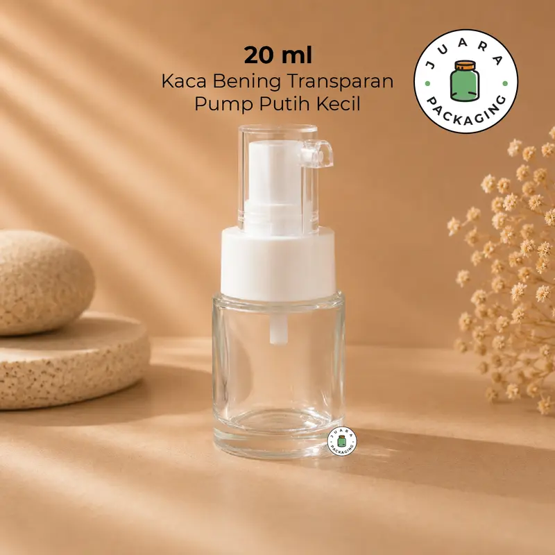 Botol Pump 20ml Kaca Bening Transparan dengan Tutup Pump – Botol Kosmetik Kaca Tebal Elegan untuk Serum, Skincare, Essence, Lotion, Wadah Refill Travel Size 20 ml