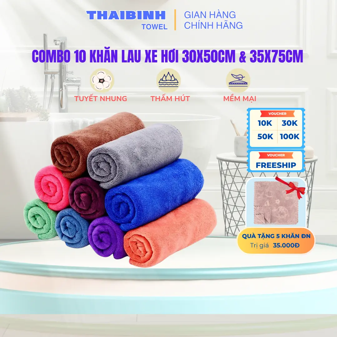 Combo 10 khăn lau xe ô tô 30x50 hoặc 35x75cm  THAIBINH TOWEL 100% Microfiber Siêu Mềm Siêu Thấm Hút