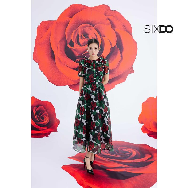 HN Đầm hoa voan tơ phối bèo SIXDO Black Organza Flared Dress