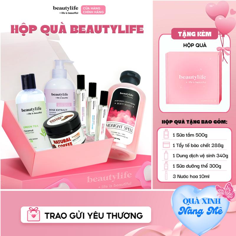 Combo 5 món Sữa Tắm Sáng Da Nước Hoa 500g + Tẩy Tế Bào Chết 288g + Sữa Dưỡng Thể 300g + Dung Dịch Vệ Sinh 340g + Nước Hoa beautylife