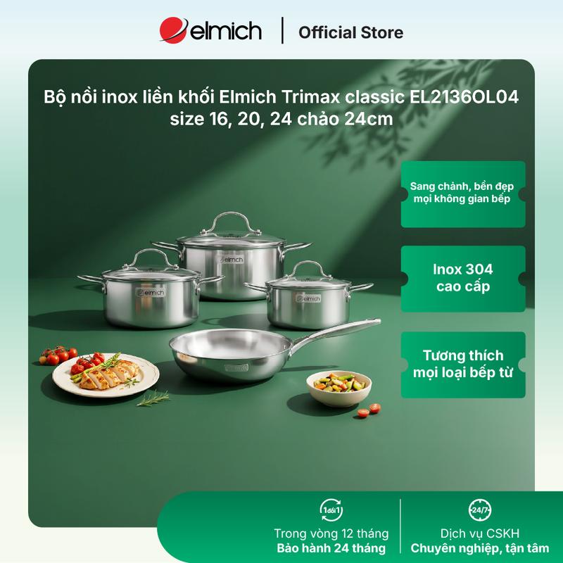Bộ nồi size 16, 20, 24 chảo 24cm inox nguyên khối Elmich Trimax EL-2136OL04