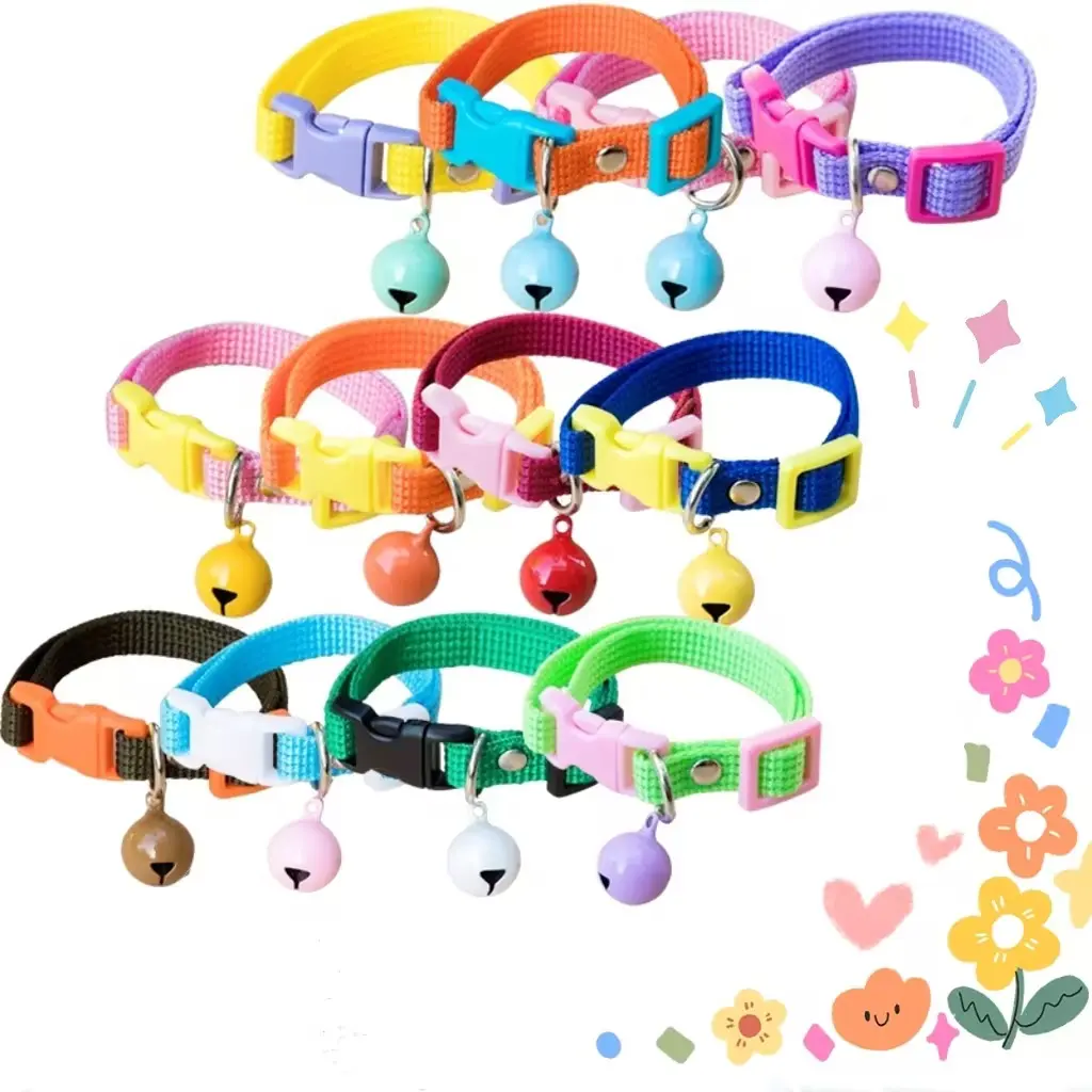 (12 Colors)Pet Cat Collar adjustable colorful Nylon with bell non safety buckle necklace for Puppy walking dog Cute holiday neck accessories photo props