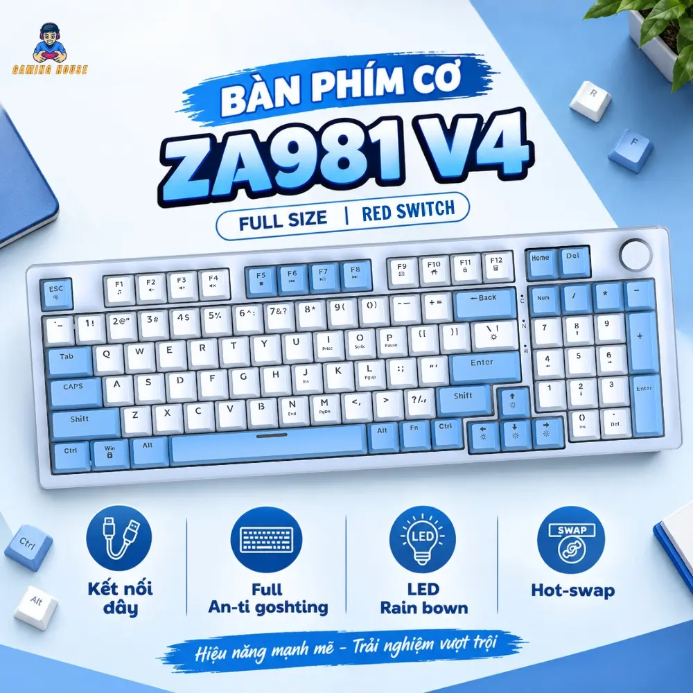 Bàn phím cơ ATAS ZA981 V4 98 Key - Hotswap - Red swtich - LED 9 chế độ - Kết nối Type-C
