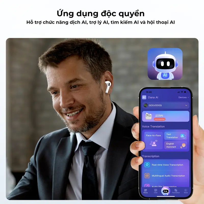 [GOOJODOQ] Tai nghe phiên dịch AI, Tai nghe Bluetooth không dây, Bluetooth 5.3, Khử tiếng ồn môi trường, Loa 13,2mm, Pin 250mAh, Điều khiển cảm ứng, Thời lượng pin dài 4