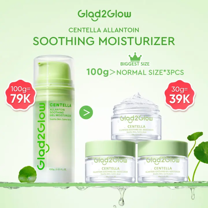 Glad2Glow Gel Moisturizer Centella Allantoin Soothing  100g Berjerawat Wajah Acne care Calming Cooling soothing Lactic Silver Pelembab Acid Hyaluronic Bruntusan Perawatan Hitam Berminyak Hydrating G2G Skincare beauty Mencerahkan Glycolic 0