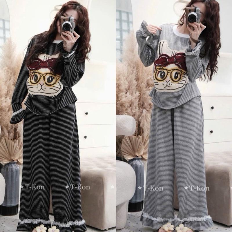  Sét Bộ Nữ Thu Đông Chất Thun Gân Tay Dài Áo In Micky From To Kèm Quần Suông Rộng Phối Ren Thiết Kế Năng Động Trẻ Trung 