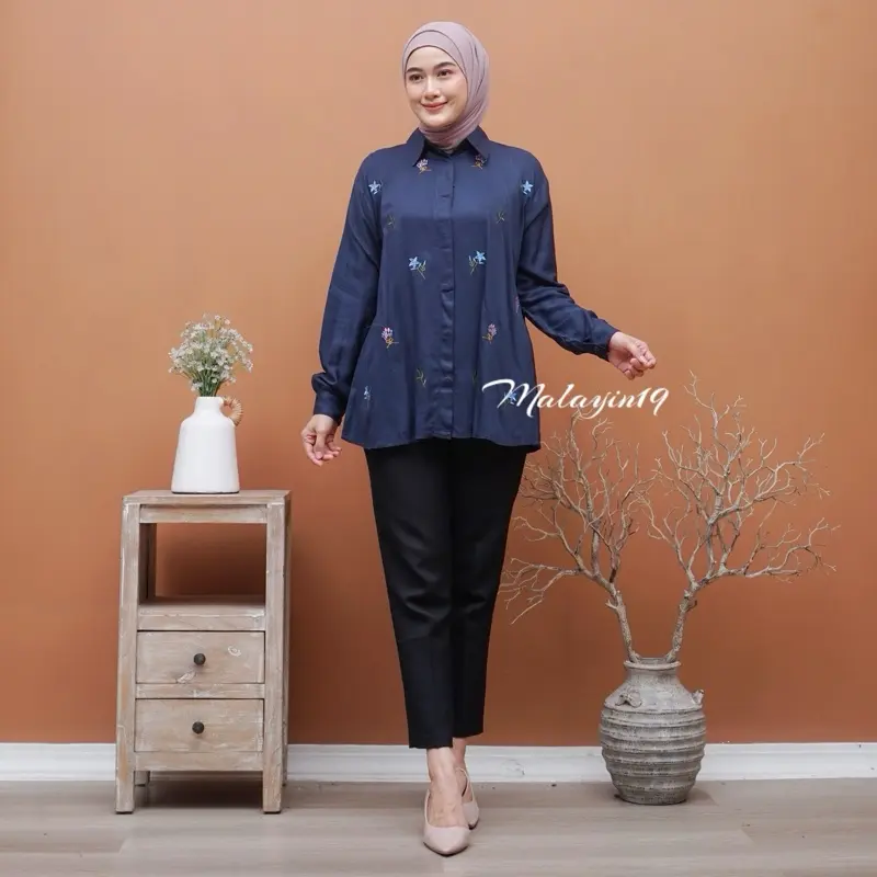 Malayin19 Silvia Blouse Baju Atasan Panjang Oversize Cewek Dewasa Muslim Wanita Rayon Twill Casual Tangan Kancing