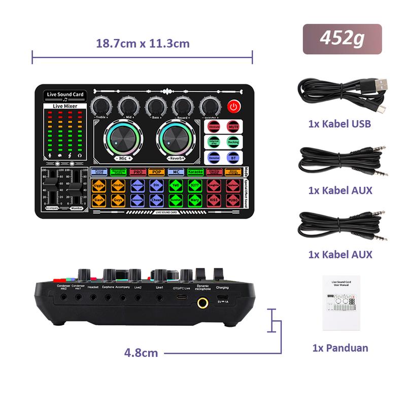 Product Introduction of Bonkyo F999 sound card + Headphone Berkabel dengan pemantauan peralatan audio set lengkap mikrofon sound card TIKTOK bernyanyi ponsel mixer khusus rekaman lagu K profesional[COD] 45