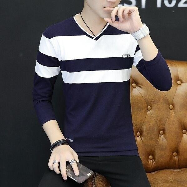 áo Thun Nam, Hàng Mới Về Mùa Thu, Chất Liệu Cotton, Dài Tay, Sọc, Cổ Chữ V, Phong Cách Hàn Quốc, Áo Nam Lớn 2