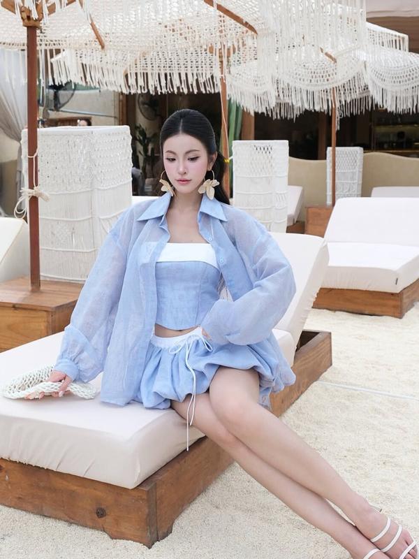 Set 3 món áo sơ mi tay dài phối áo cúp ngực hai dây, Chân váy bí tôn dáng đi biển Hb.closet S14