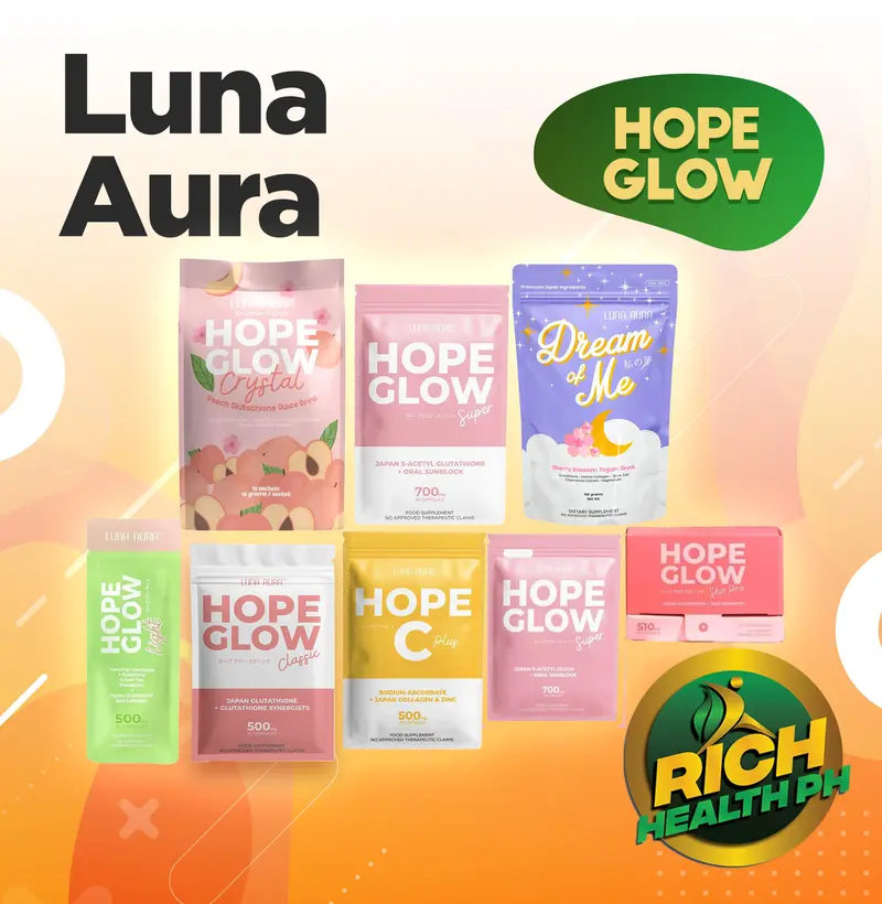 Luna Aura Hope Glow Whitening Capsules & Drinks Collection  Classic |  Glowing Skin Pro | Super Biggie | Super Mini | Hope C | Light Booster  Glutathione with Oral Sunblock Luna