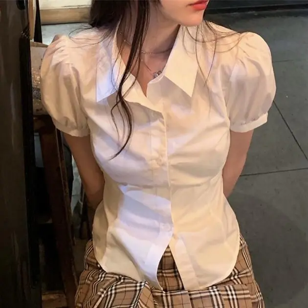 Kemeja putih lengan pendek wanita ala korea Atasan crop lengan puff kerah Standar Top Retro Hitam Panjang Sifon Polyester Baju Linen Casual