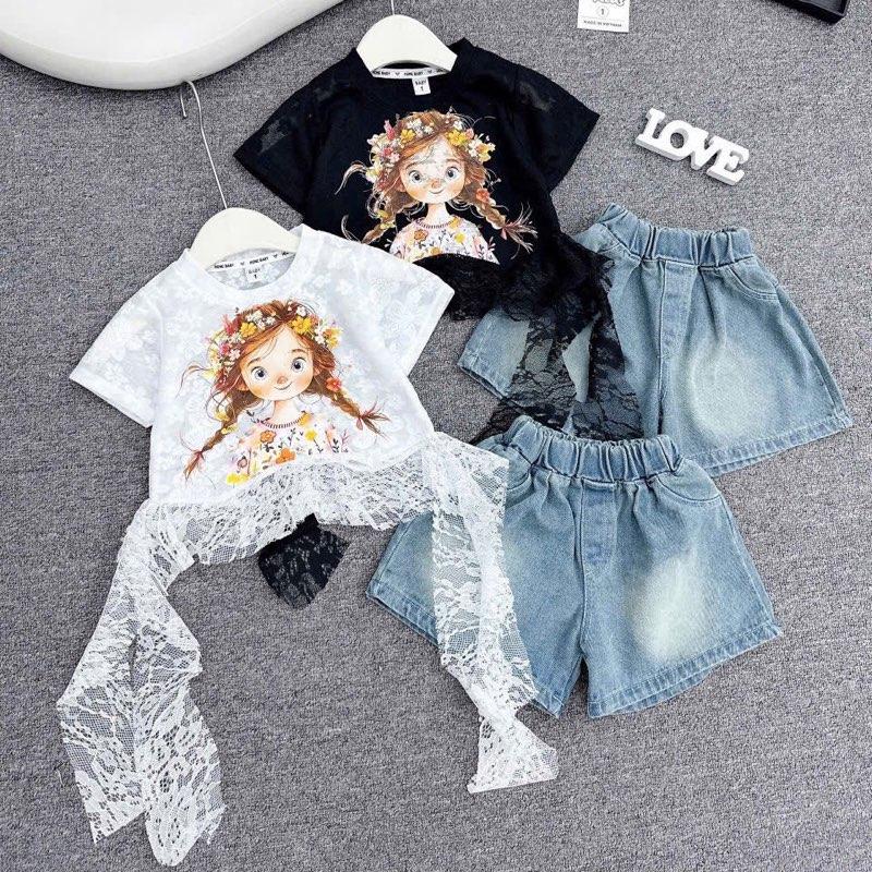 (Shopmesockids) Sét áo cô gái viền ren mix quần jean sooc cho bé gái
