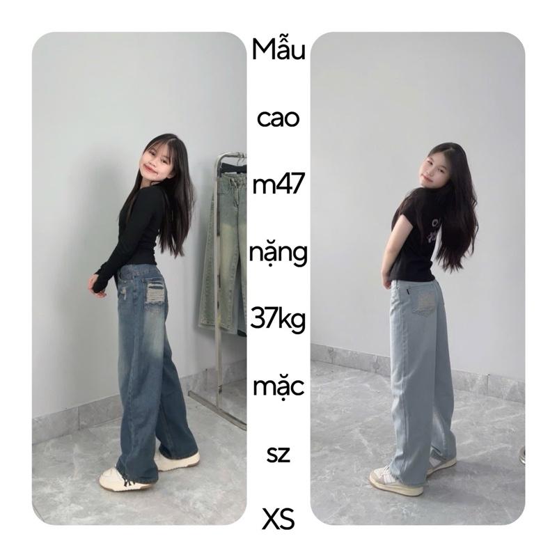 (SUÔNG NẤM LÙN) QUẦN JEANS NỮ ỐNG SUÔNG PHỐI RÁCH SAU TÚI MÀU XANH ĐẬM ( 9 tấc ) 90cm