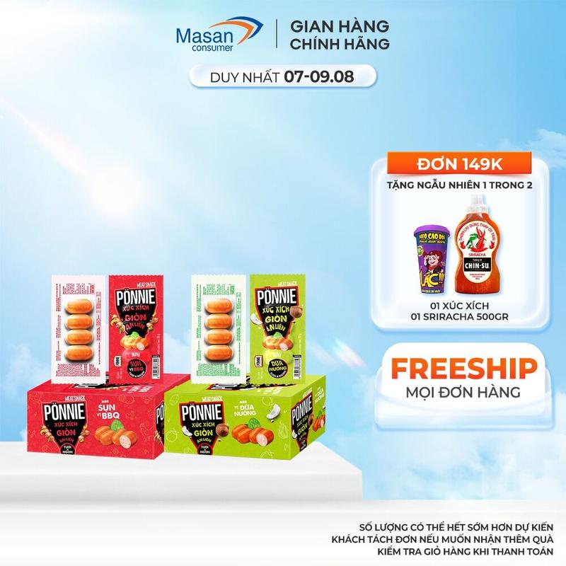 Combo 2 Xúc Xích Giòn Ponnie Sụn Vị BBQ + Vị Dừa Nướng Ăn Liền Hộp 40 Cây 20g