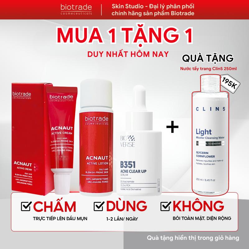 Bộ 3 sản phẩm Mờ thâm - giảm mụn hỗn hợp Kem chấm mụn Biotrade Cream 5ml+ Lotion 15ml + Bioverse B351 30ml dành cho da mụn