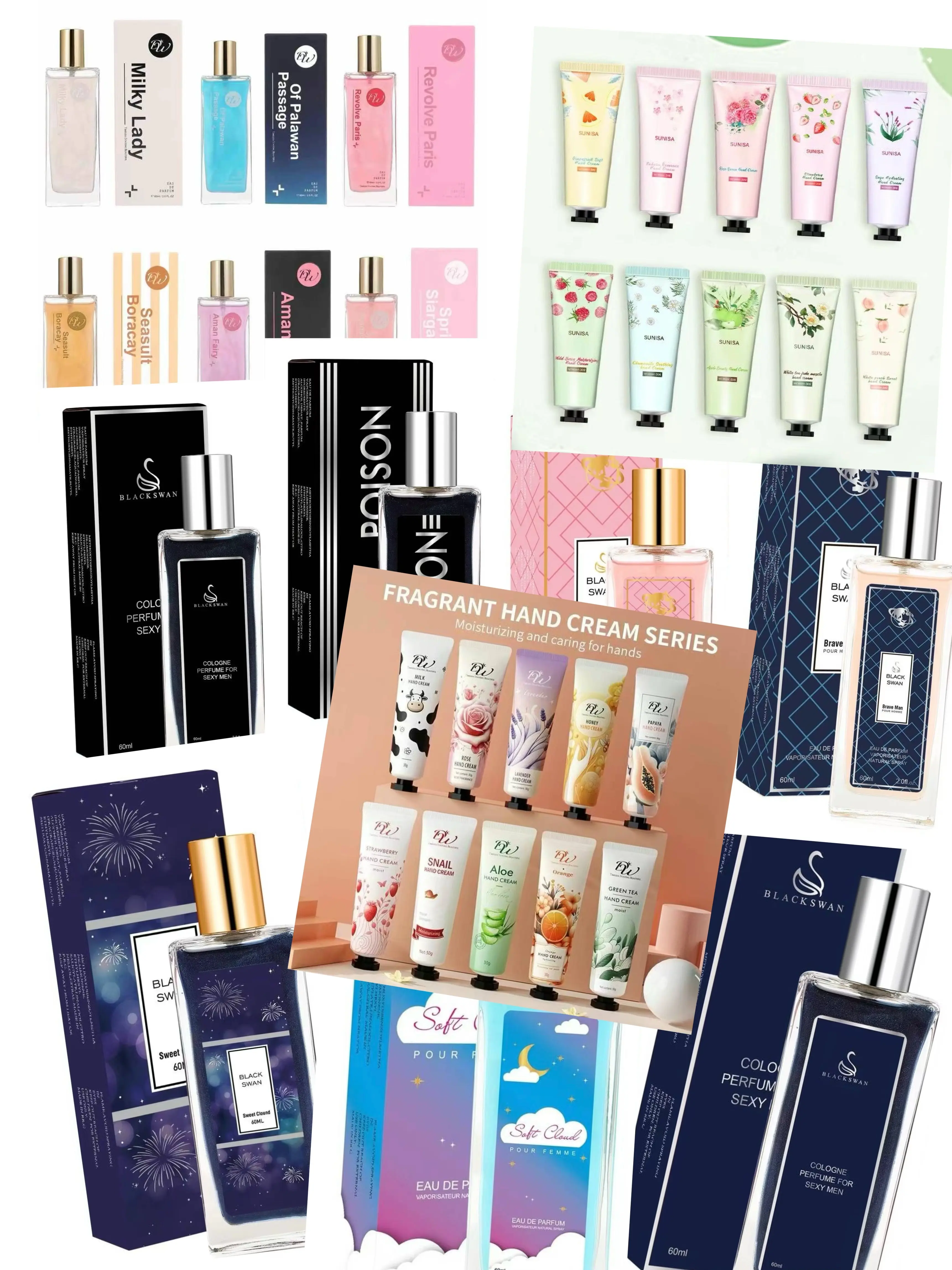 【BUY 6PCS PERFUME+ TAKE 6PCS HAND CREAM=12PCS MIX】MIX BLACK SWAN Colorful Shimmer Body Mist Perfume 60mlX6+Korean Perfumes Hand Essence Hand Cream 30gX6 Moisture Plant Fragrance Moisturize Moisturizer