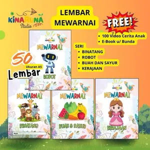 KINARUNA Studio Lembar Mewarnai Seri Binatang Robot Buah dan Sayur Kerajaan50 Lembar Ukuran A5 ada bonusnya