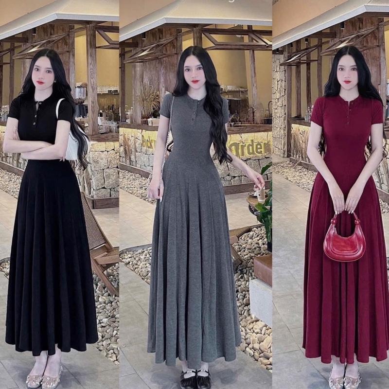Đầm xoè D69 nhiều tùng cổ trụ gài nút chất thun tăm mịn co giãn freesize