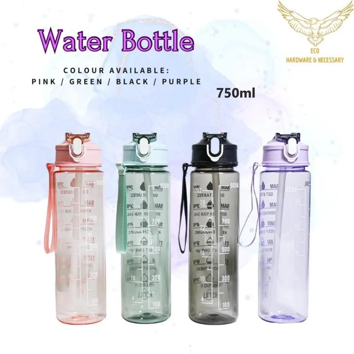 Eco Hardware Necessary 750ml Sport Bottle Motivational Gym Water Bottle Tumbler with Time Maker with Flip Top Lid BPA Free Tritan Drink Blue Pink Outdoor Clip