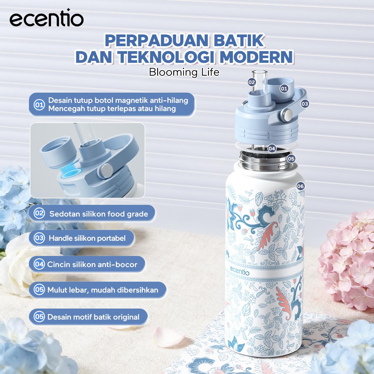 Ecentio Batik Series 2.0 Tumbler Botol Minum Aesthetic Portable 900ML/800ML/580ML Thermos Tahan Panas Dingin 24 Jam Vacuum Flask Vacuum