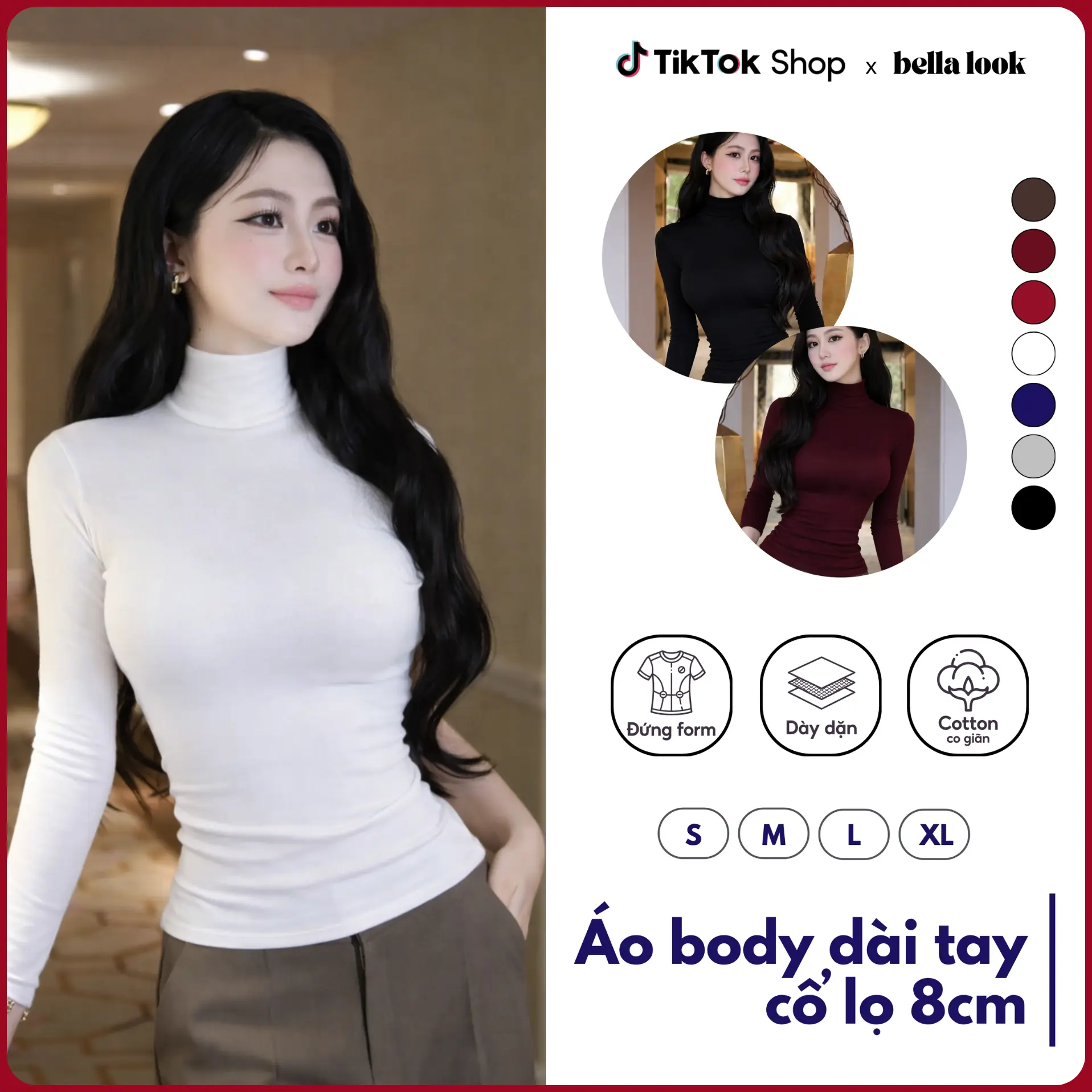 Áo Thun Nữ Cổ Lọ 8cm Dài Tay Co Dãn Mềm Mịn Bella Look 860