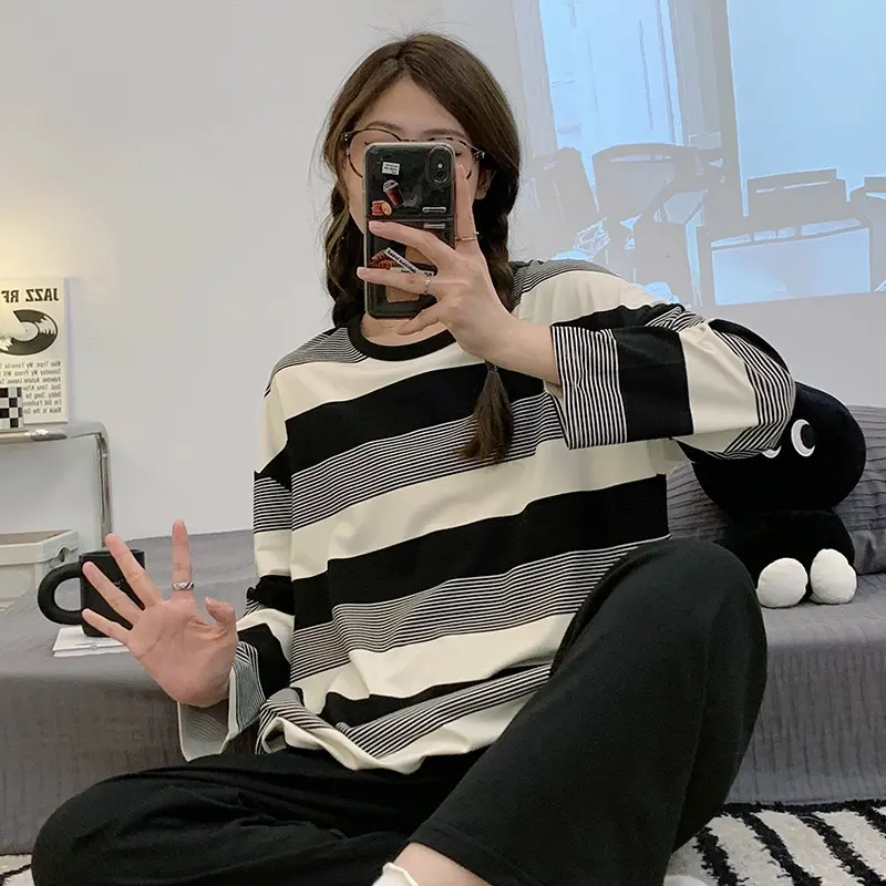 YBSS Setelan baju tidur wanita dewasa lembut serap keringat bahan katun polyester lengan pendek panjang celana panjang set piyama perempuan remaja terbaru kekinian motif karakter animasi lucu ukuran jumbo fit to XXL cocok untuk santai harian PY005 PY 1