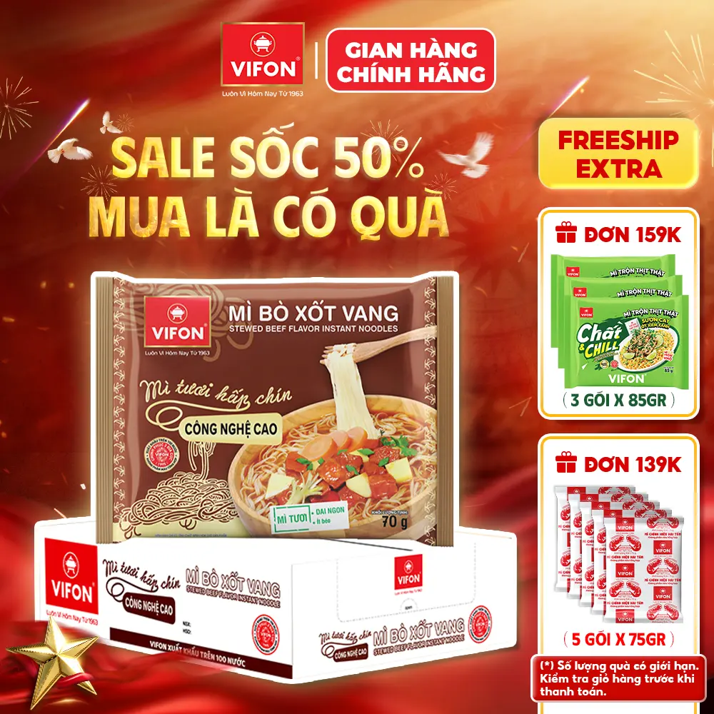 [VOUCHER HOT 15%] Thùng 30 gói Mì Tươi Bò Xốt Vang/ Thịt Bằm / Tôm Chua Cay VIFON 70gr/Gói