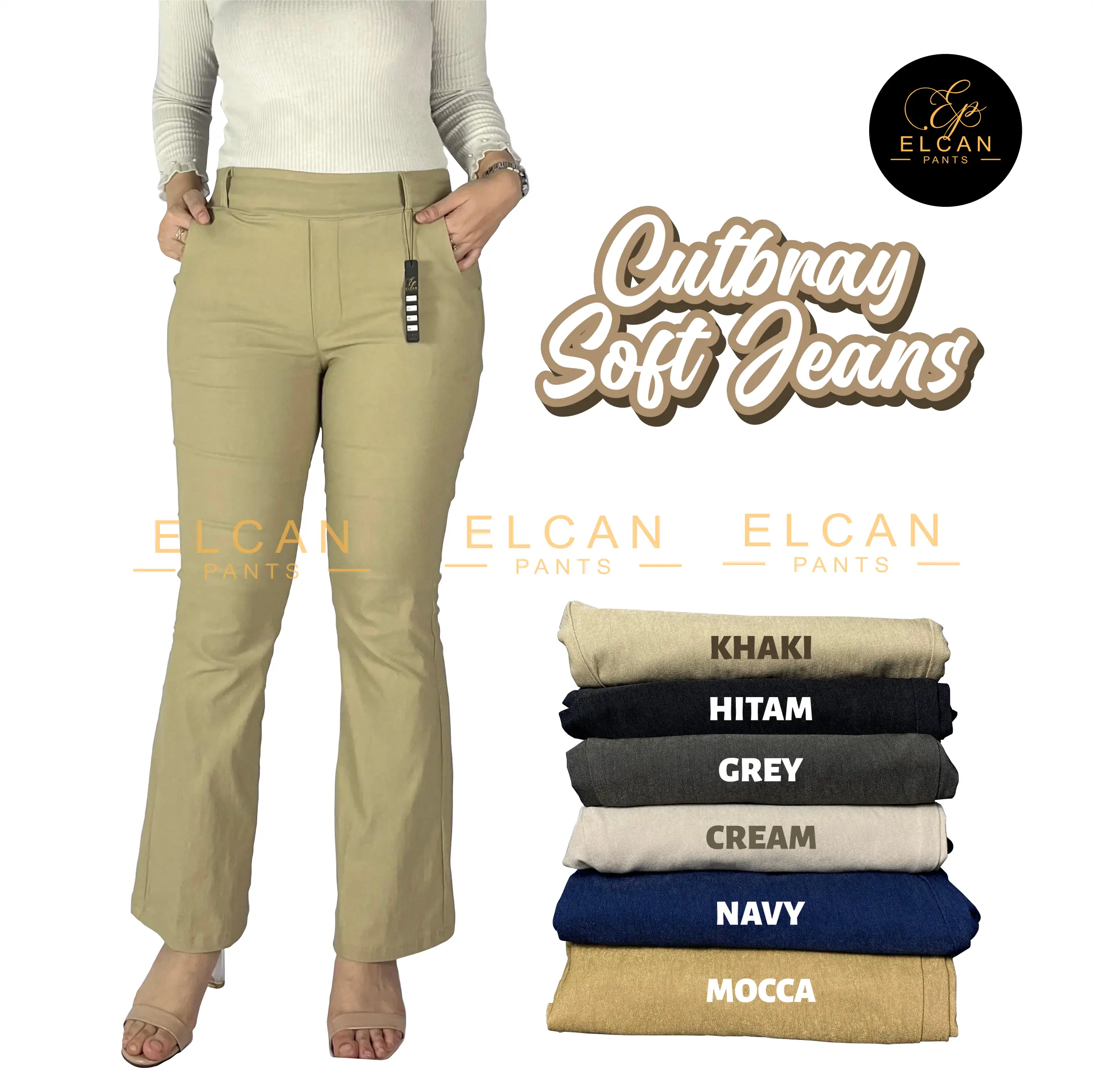Elcan Pants Cutbray Soft Jeans, Celana Wanita, Formal, Non Formal, Casual, Street, Strech, Lembut, Melar, Elastis, Highwaist, HW, Kerja, Hitam, Khaki, Mocca, Navy, Cream, Abu Panjang