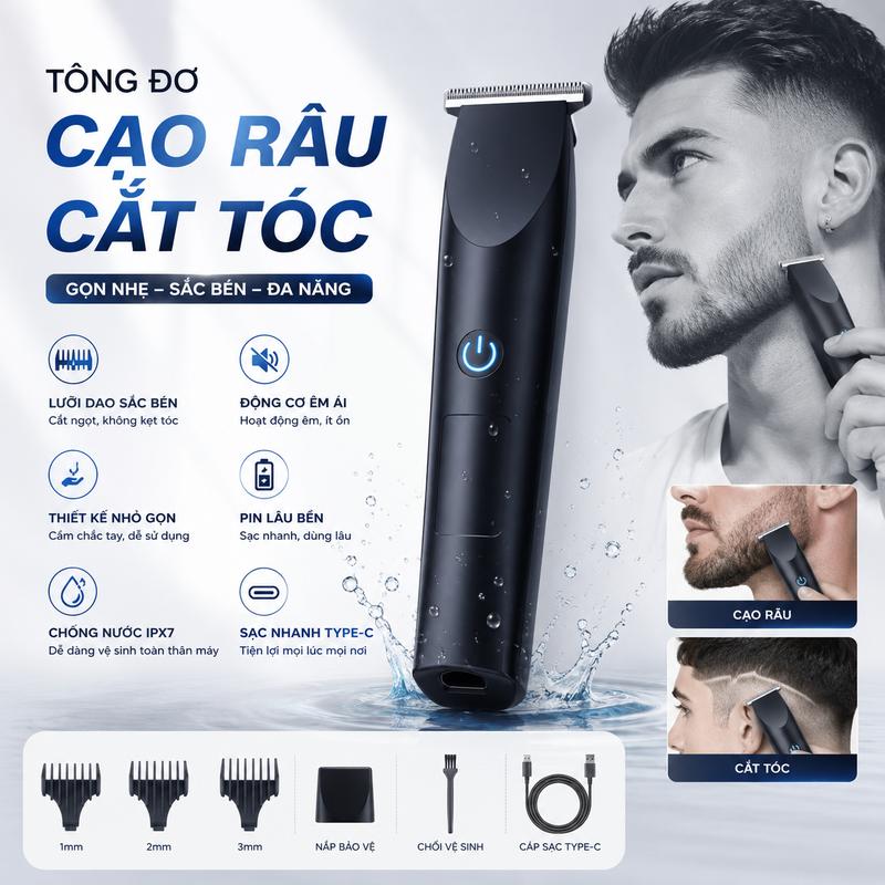 Tông Đơ Cắt Tóc Cạo Râu Nam 2 Trong 1, Lưỡi Dao Sắc Bén, Chống Nước IPX7, Sạc Type-C, Pin Lâu không gỉ an toàn cạo nhanh sạch không gây tổn thương – Cạo Râu, Tỉa Viền, Chấn Viền Chuyên Nghiệp Cho Gia Đình & Trẻ Em