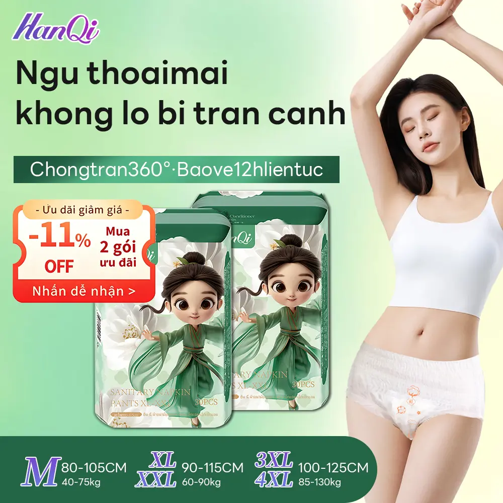Tã vệ sinh và quần lót HanQi (30 miếng), chống rò rỉ toàn diện 360°, thoáng khí, phù hợp cho phụ nữ mang thai và sau sinh sử dụng cả ngày lẫn đêm.