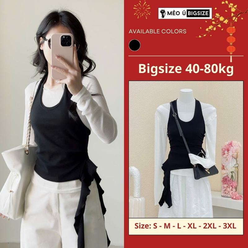 Set áo nữ BIGSIZE Mèo Ú áo thun dài tay form rộng mix yếm vạt lệch cá tính phong cách Hàn Quốc 340