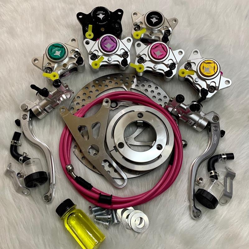 Combo phanh đĩa sau xe điện heo 2 piston cnc cá mập folamdo kèm theo tay phanh agl hàng chuẩn
