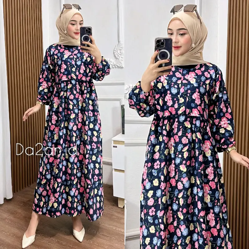 Midi Dress Flower Busui Friendly Santai A-Line Bunga Cantik Motif Nyaman Rayon Viscose Menyusui Muslim Zipper Gamis Dewasa Formal Ibu Karet Variasi Panjang Katun dress  vintage lebaran 5