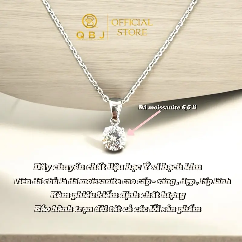 Dây chuyền nữ bạc ý S925 XI KIM gắn Viên chủ đá Moissanite 6,5Li sáng đẹp kèm theo giấy tờ kiểm định . DC moissanite - Quốc Bảo Jewelry- QBJ 1