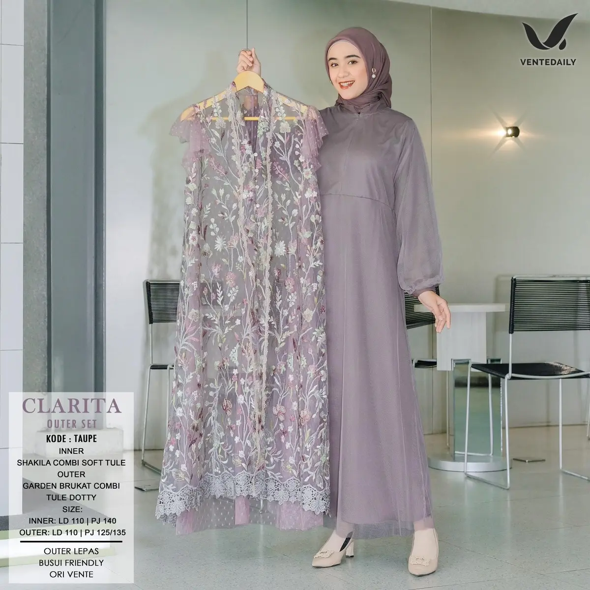 ￼CLARITA OUTER SET PREMIUM / Dress 3in1 Inner Outer Kondangan Muslim Mix Tille / Gamis Lebaran Busui Friendly Syari Oversize Nyaman Setelan Lembut Soft Mewah Ibu Cantik Wanita