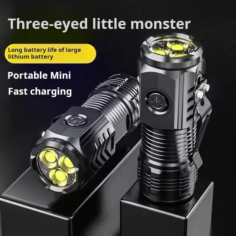 Đèn pin mini ba hạt đèn năm mức độ sáng siêu sáng Có Thể Sạc Lại 