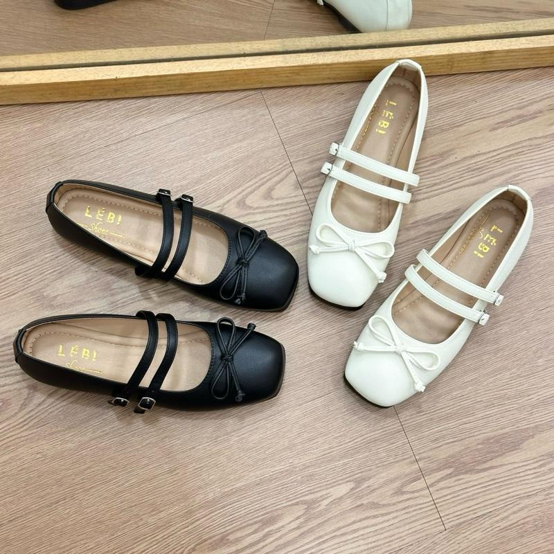 Giày búp bê nơ 2 quai mũi vuông đế bệt mềm chất da lì êm chân giày bệt nữ tính trẻ trung