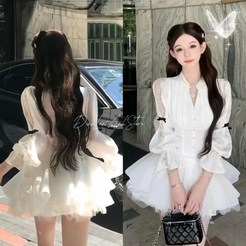 Set Áo Tiểu Thư Tay Dài Phối Chân Váy Ren Xoè Tầng Sang Chảnh Đi Chơi Dự Tiệc - DinhLanAnhStore