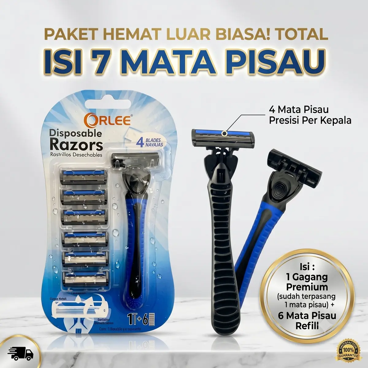 Shaving Kit Manual Alat Cukur Cukuran Kumis Jenggot Bulu 4 Layer Mata Garuk Orlee 1+ 6 Refill Strip Pelicin Kulit Set gagang Pegangan Anti Licin isi 7  Mata Garuk cukur Kumis isi ulang Pria Wanita Disposable