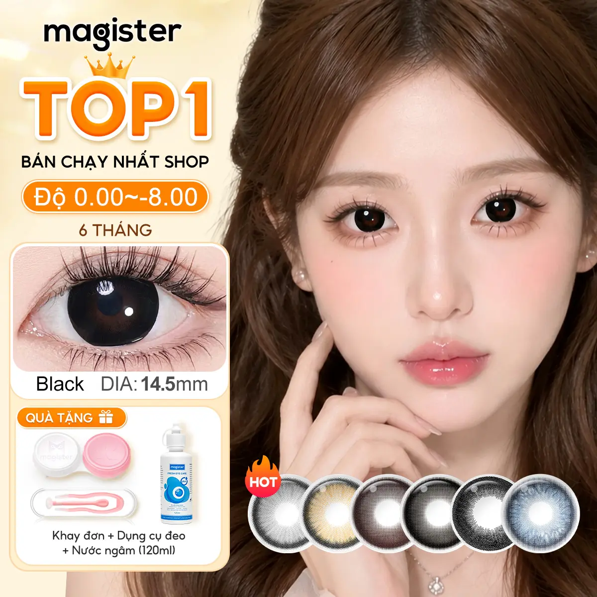 【ĐÔI MẮT to】Kính Áp Tròng 6 tháng Magister Mua 1 Tặng 3,mắt giãn to tròn màu,Đường kính 14.2-14.5mm,Độ cận 0-6,mềm mại và to，Allure Gray,Black,đen/nâu/xanh,lens xám tây, tặng Nước ngâm+Dụng cụ đeo+ Khay đơn, phù hợp đi học & đi làm,Cực Xinh