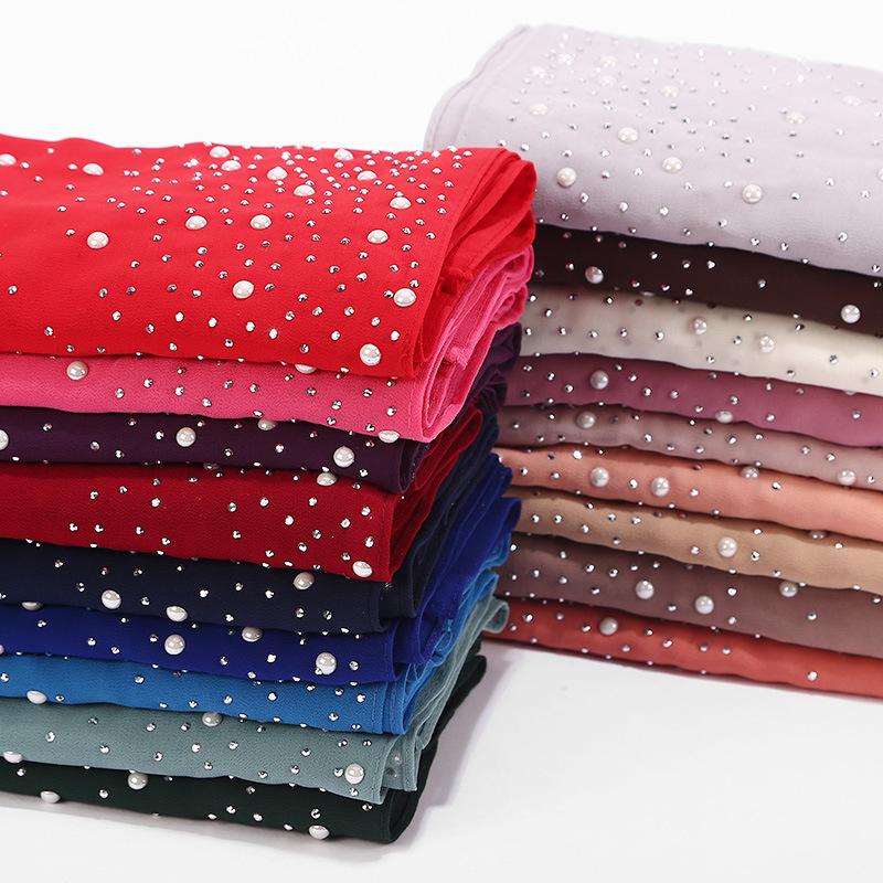 Malaysia Indonesia Pearl Chiffon material Baotou scarf rhinestone porcelain decorative fashion headscarf_voghion.com