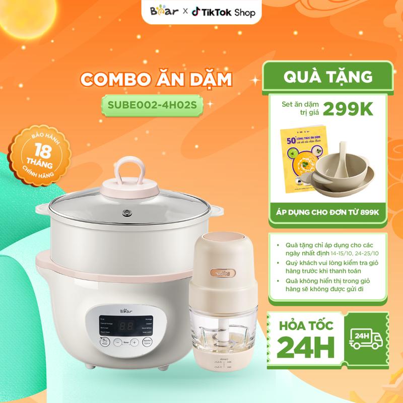 [Tặng cẩm nang ăn dặm] Combo Nồi Nấu Chậm 1,6L BEAR SUBE002 Tiếng Việt Và Máy Xay Ăn Dặm Cho Bé 4H02S 8 Lưỡi Dao Sắc Bén Đa Năng Nấu Cháo Chưng Yến màu Kem