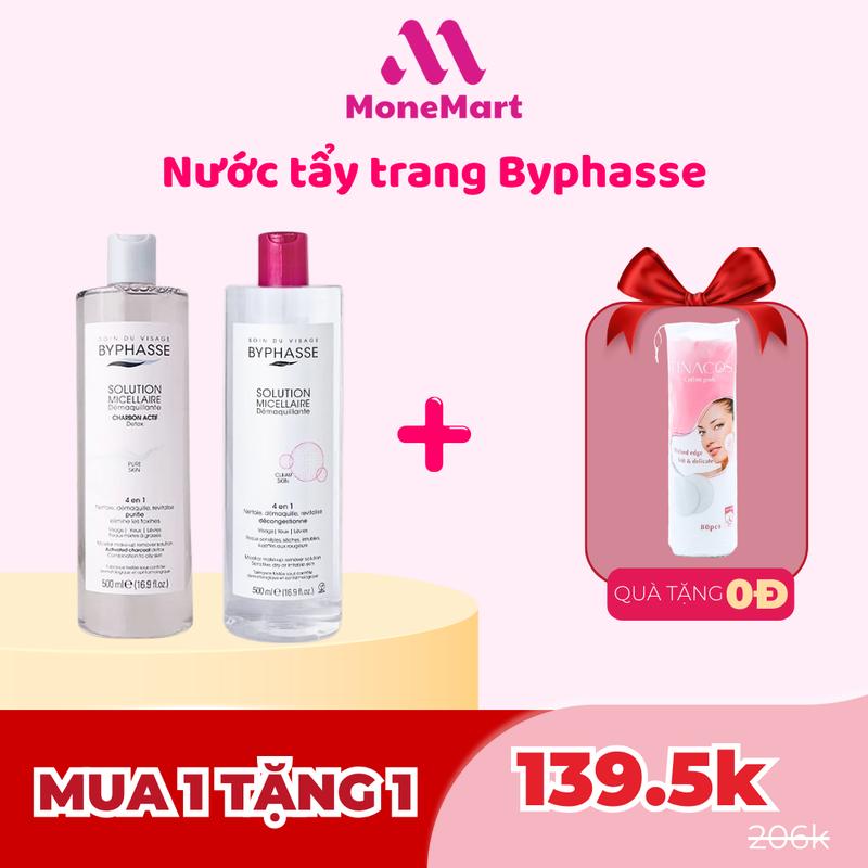   MUA 1 TẶNG 1  Mua 1 Nước tẩy trang Byphasse mọi loại da 500ml   than hoạt tính Tặng 1 bông tẩy trang Tinacos 80 miếng sạch sâu dưỡng ẩm 