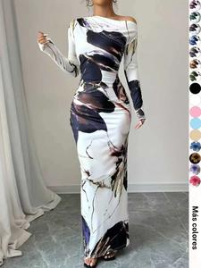 Vestido de cuello asimétrico con estampado floral para mujer, elegante vestido largo de manga larga para fiesta, vacaciones o invitada a boda, ropa de verano para damas