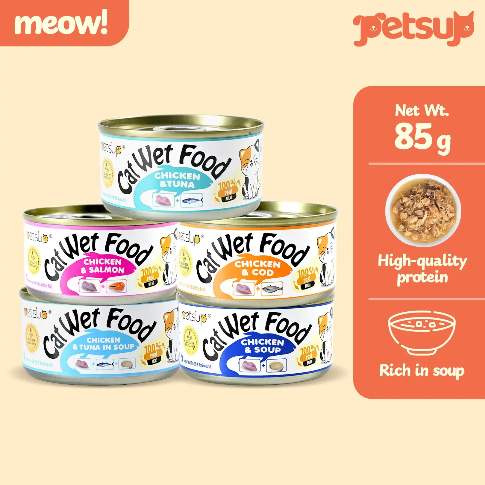 Petsup Cat Canned Wet Food - 5 Flavors Tuna Chicken in Soup Salmon Cod Tuna in Soup 85g DHA Protein Minerals Vitamins For Cats And Kittens