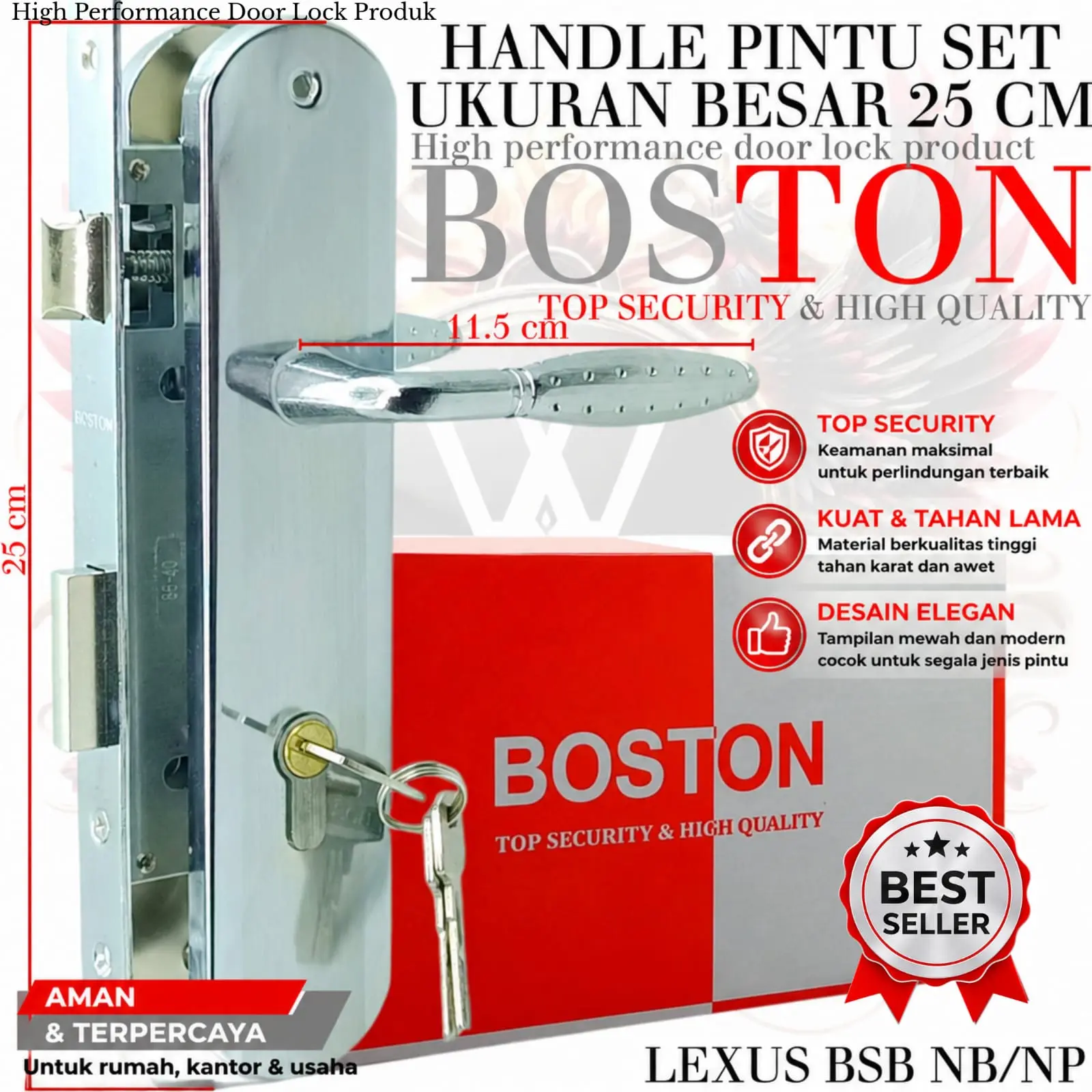 Boston Handle Set Pintu Ukuran Besar 25cm & Medium 20cm Gagang Bulat Chrome Kualitas Terjamin untuk Rumah & Kantor